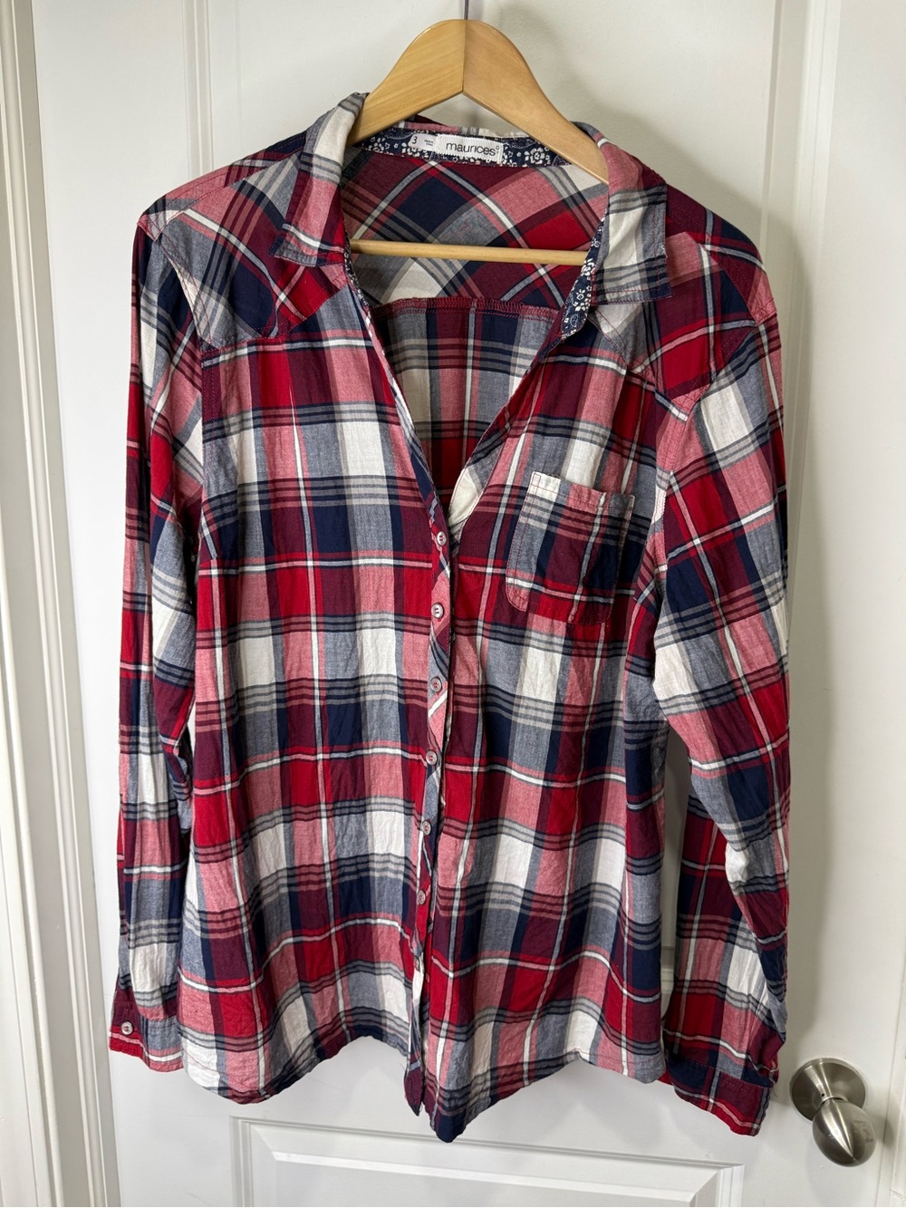Maurices Red Blue Plaid Cotton Button-Up Shirt Size 3
